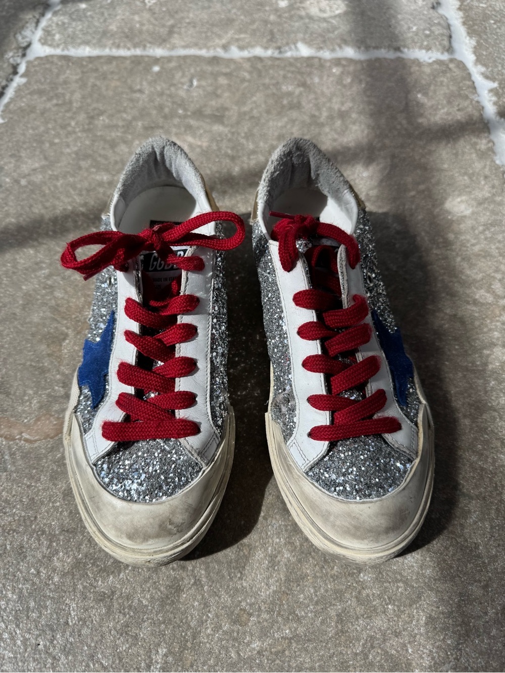 Golden Goose Silver Glitter Sneakers with Blue Star and Red Laces
